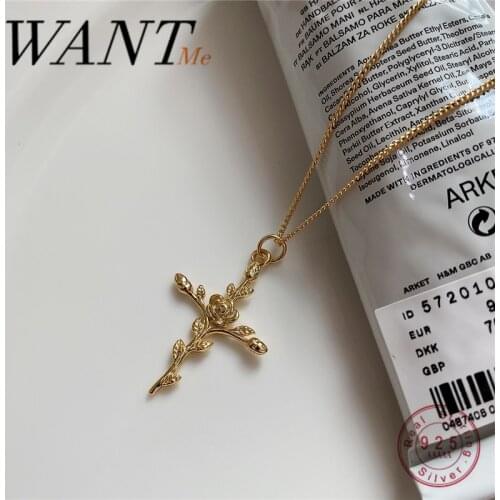 WANTME Ethnic Real 925 Sterling Silver Smiple Cross Rose Flower Pendant Cuban Chain Necklace for Women Religion Faith Jewelry