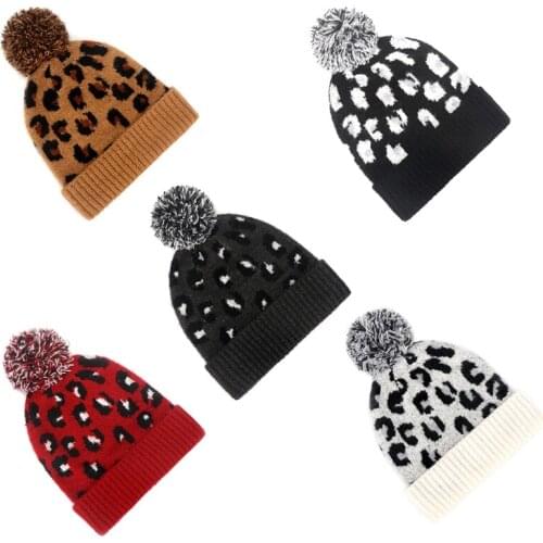 Women Winter Warm Knitted Cuffed Beanie Hat Vintage Leopard Jacquard Cute Big Pompom Outdoor Snow Ski Stretch Skull Cap