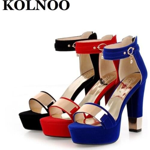KOLNOO New Handmade Womens Chunky Heels Sandals Bling Metal Crystal Sexy Platform Open-Toe Evening Party Prom Fashion Shoes T865