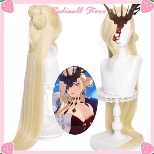 La Signora Wig Genshin Impact Cosplay Blonde Long Straight Golden Buns Heat Resistant Hair Women Lady Halloween