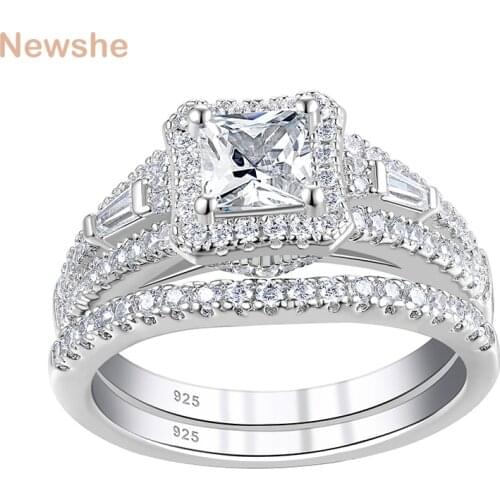 Newshe Solid 925 Sterling Silver Princess Cut Wedding Ring Set For Women Classic Bridal Set Brilliant AAAAA Cz Vintage Jewelry