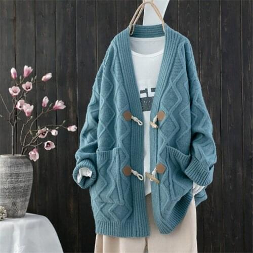 2020 new Spring Autumn loose Lazy Retro Horn Button Sweater Jacket Ladies Knitted Cardigan Sweaters Coats Women Tops b499