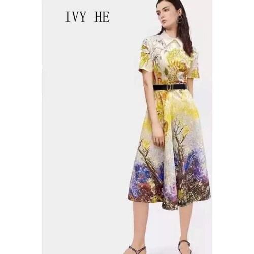 IVY HE High Quality Summer Dress Woman Clothing Bubble Sleeve Color Print A-Line Midi Long Dress Traf Robe ZA Party Dresses