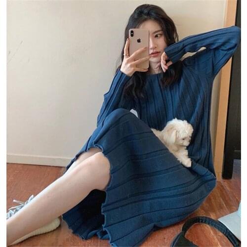 Korean new 2021 Autumn Winte Elegant Striped O-neck Women Sweater Dress Long Sleeve Slim Waist Female Knitted Mid-length Dress