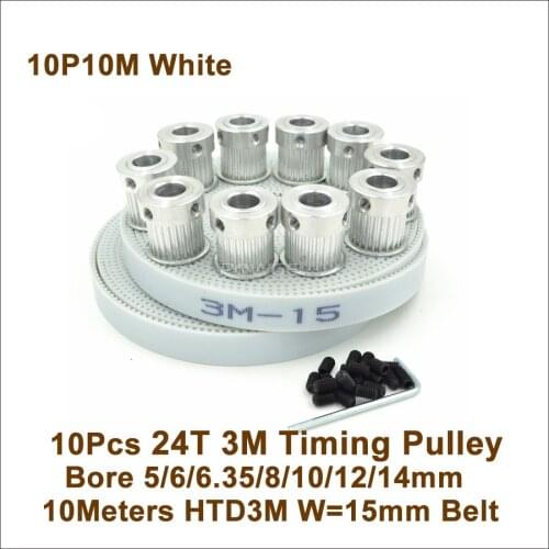 POWGE 10pcs 24 Teeth 3M Timing Pulley Bore 5/6/6.35/8/10/12/14mm + 10meters W=15mm PU 3M Timing Belt 24T 24Teeth 3M Pulley 24-3M