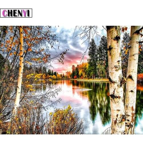 CHENYI 5D Diy Diamond Painting Full Square The Lake Scenery Diamond Embroidery Cross Stitch Tree Mosaic Diamonds Home Decoration