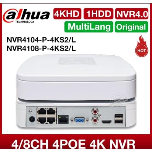 Dahua NVR NVR4104-P-4kS2 4CH NVR 8MP Smart 1U 4PoE 4K&H.265 Lite Network Video Recorder Full HD 1080P Recorder With 1SATA