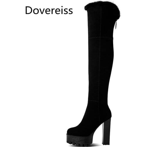 Dovereiss Fashion Womens Shoes Winter Sexy Elegant Pointed to Platform Concise Block heels Mature Over the knee boots 40