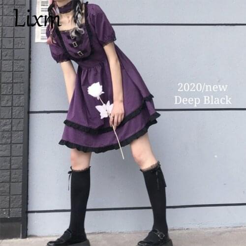 Gothic Lolita Dress Harajuku Vintage Style Purple Plaid Puff Sleeve Dress College Style Retro Design Sense Cool Girl