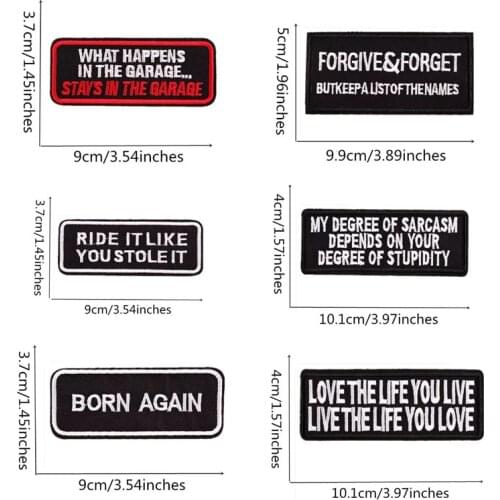 Left chest black white name FORGIVE&FORGET,RIDE BORN AGAIN LOVE LIFE embroidery patch iron on sew on emblemas for sleeve label