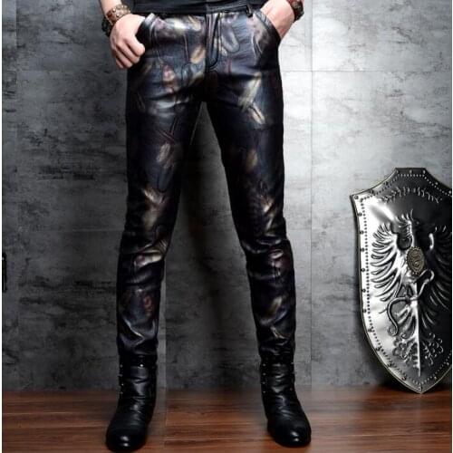Camouflage printing leather pants mens feet pants fashion motorcycle pu trousers men Autumn Winter Plus velvet pantalon homme