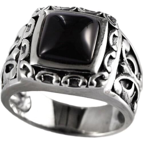 2020 new solid s925 sterling silver jewelry vintage Thai silver cross flower black agate square fashion men ring