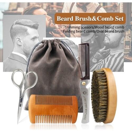 Men 4Pcs/Set Beard Kit Beard Grooming Kit With Wood Beard Comb And Boar Bristle Brush Grooming Scissors Folding Metal Comb