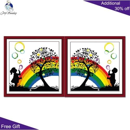 Joy Sunday Rainbow Boy Girl R075(1)R075(2) 14CT 11CT Counted and Stamped Home Decor Rainbow Bubble Boy Girl Cross Stitch Kits