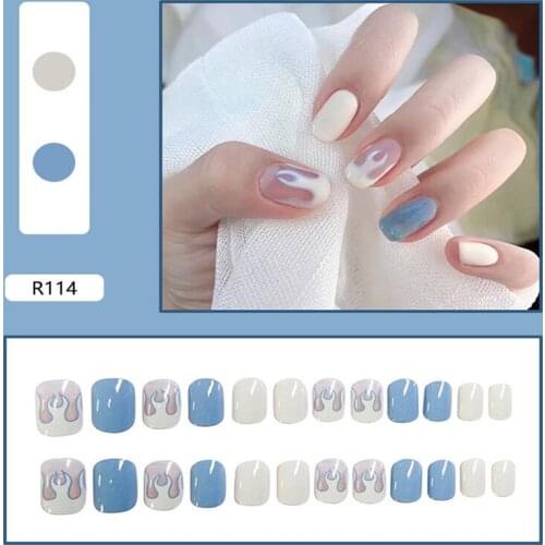 24Pcs White Blue Flame False Nails Long Lasting Removable Glue Type Fashion Artificial Manicure Fully Covered Nail Decoration