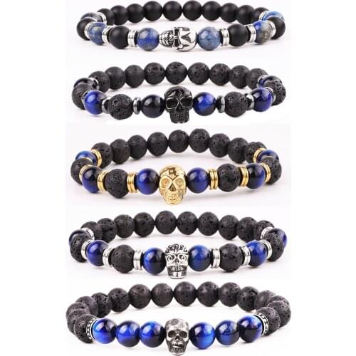 New Fashion High Quality Natural Stone Beads Stainless Steel Skull Charm Elastic Beads Bracelet Jewelry Men