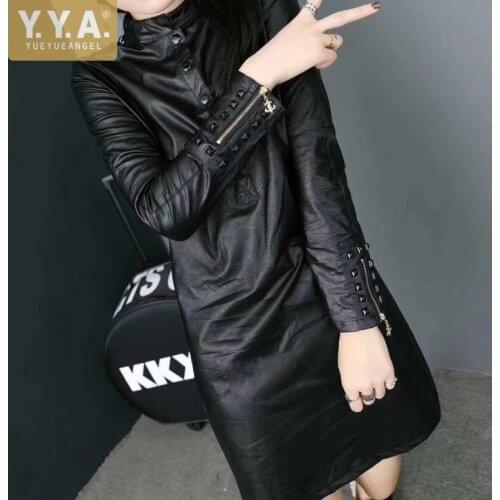 Punk Style Stand Collar Pu Leather Dress Women Winter Warm Long Sleeve Fleece Dresses Slim Fit Rivets Fashion Female Short Dress