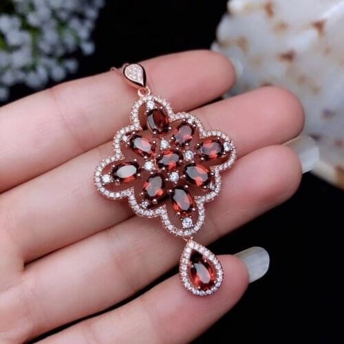 Natural red garnet gem pendant S925 silver Natural gemstone Pendant Necklace trendy grace Chinese knot women party gift jewelry