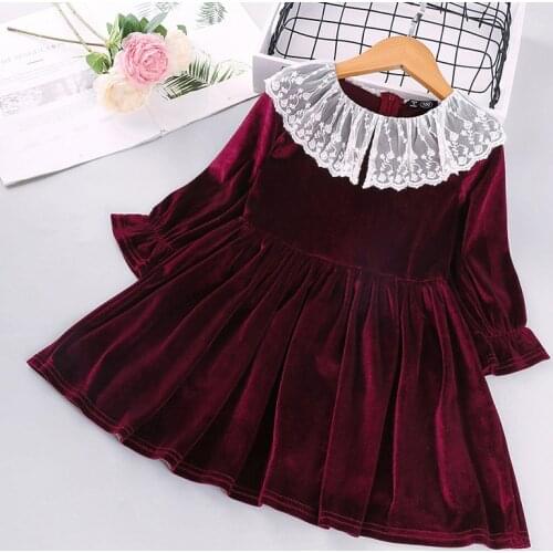 2021 Fall Girls Casual Doll Dress 2-8Years Children Long-Sleeve Golden Velvet Princess Dress Sweet Princess Boutique Solid Dress