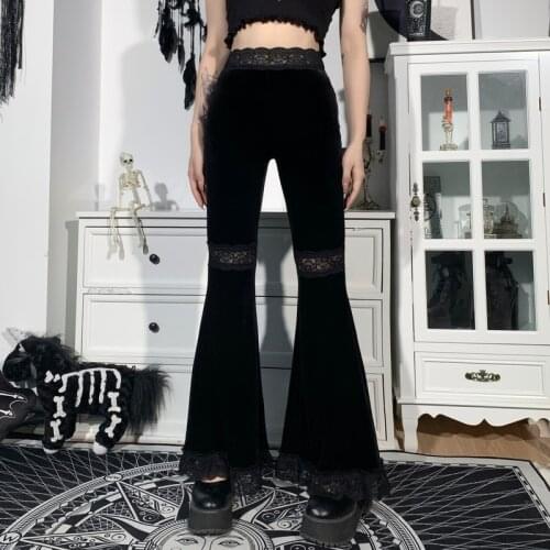 Sexy Lace Patchwork Trousers 2021 New Mall Goth High Waist Flared Pants Aesthetic Women Vintage Elegant Velvet Christmas Pants