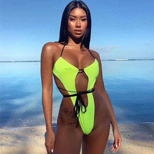 Sexy Thong One Piece Swimsuit African Style Bathing Suit High Leg Cut Swimwear Plunge Bodysuit Cross Bandage Monokini Maillot