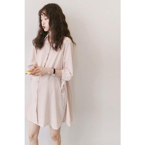 Maternity Chiffon Turn-Down Collar Clothes Elegant SpringAutumn Pregnant women Loose Pink Shirt Long Blouse Single-Breasted Tops