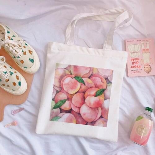 Korean peach cute print new Harajuku bag large-capacity canvas vintage cartoon Ulzzang ins sweet college chic shoulder bags