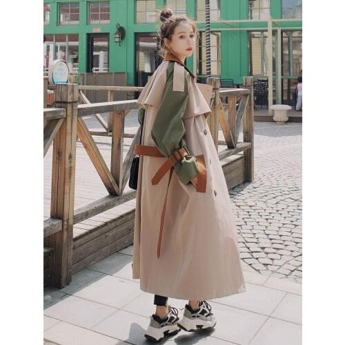 Brand New Vogue Womens Trench Coat Colorblock Long Double-Breasted with Belt Lady Windbreaker Spring Autumn Outerwear Clothes