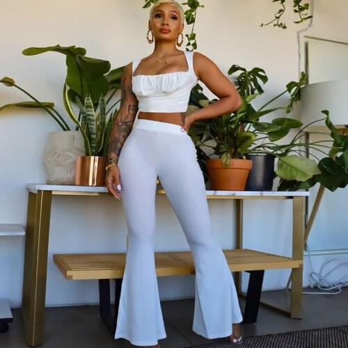 Knitted Ribbed Party 2 Piece Set Women Elegant Ruched Crop Tops and Flare Pants Bell-Bottom Matching Sets Birthday Club Outfits