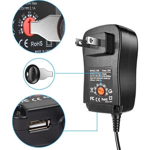AC/DC 30W Universal Power Adapter Switching Supply USB Port 6 Tips Adjustable Charger 3/4.5/5/6/7.5/9/12V US/EU/UK