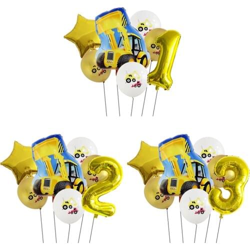 7PCS Cartoon Balloon Excavator Aluminum Foil Balloon Number Childrens Toy Balloon Gift Birthday Party Decoration Kids Happy