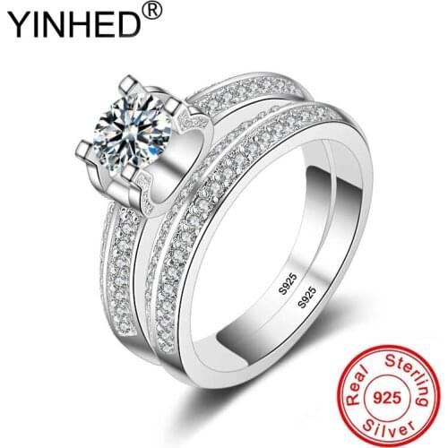 YINHED 2pcs Wedding Bands Ring Set Women 100% Real 925 Sterling Silver Round Cubic Zirconia Engagement Ring Bridal Jewelry ZR535