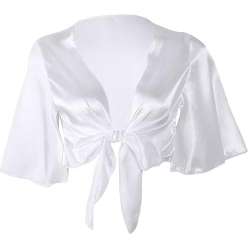 Women Ladies Satin Tie Knot Front Flared Short Sleeve Shirt Plunge Neck Crop Top F42F