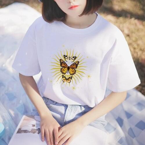 Harajuku Ullzang 90s Tops Femme Shirt Sun and Moon Butterfly Printing Women T-Shirts Graphic Casual Cartoon Ladies Tee Clothing