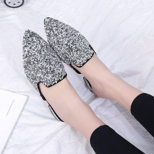 Silver crystal slippers women pointed toe bling bling rhinestone mules shoes european famous brand design square heel slides