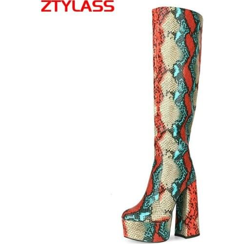 Platform Womens Shoes Snake Print Thick High Heel Knee High Boots Fashion Zipper Round Toe Autumn Winter Long Boots Woman