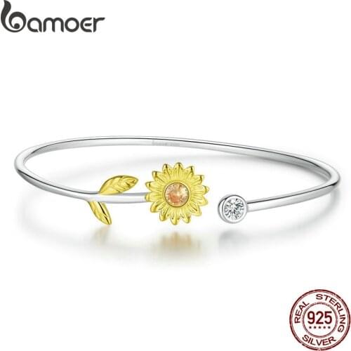 Bamoer Genuine 925 Sterling Silver Gold Color Adjustable Sunflower Cuff Bangle Bracelet for Women Fine Jewelry 2020 New BSB045