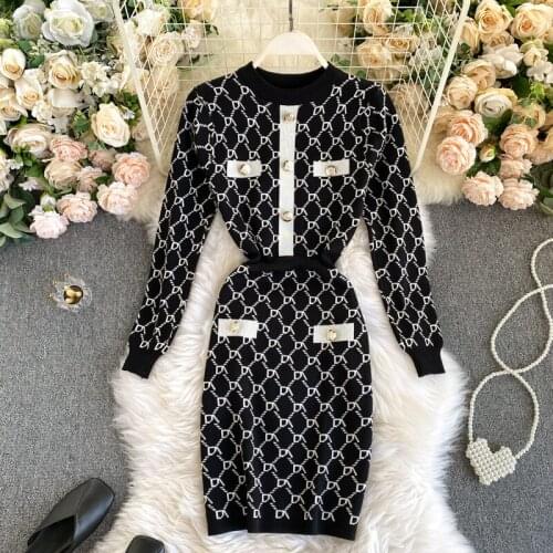 Foamlina women elegant geometric pattern knit dress fashion autumn long sleeve buttons slim pencil dress vintage work dresses