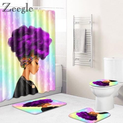 Zeegle African Woman 4pcs Bathroom Mat Set Shower Curtain with Hooks Non-Slip Bath Rug Waterproof Bath Curtain Bath Floor Rug