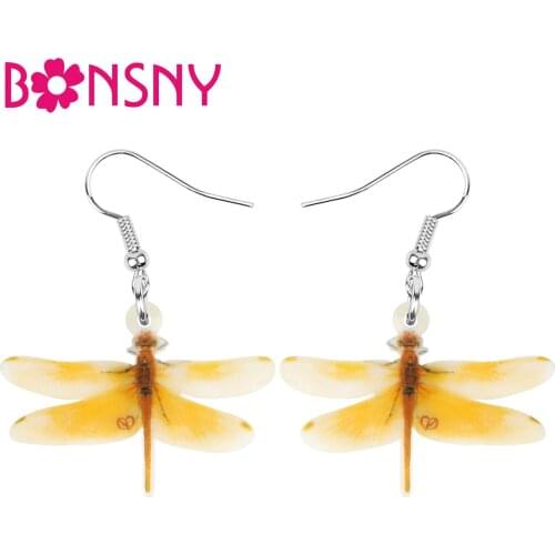Bonsny Acrylic Yellow Dragonfly Earrings Aesthetic Lovely Insect Animal Dangle Drop Jewelry For Women Kid Trendy Gift Decoration
