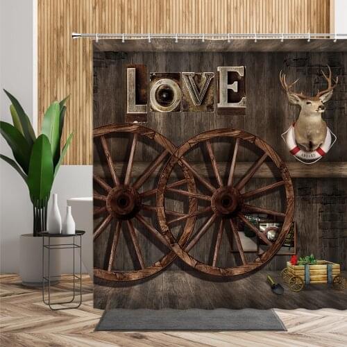 European Retro Shower Curtain Wooden Pattern Love Deer Bathroom Decors Accessories Western Wall Hanging Fabric Bath Curtains Set