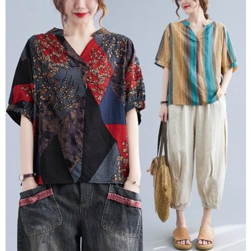 Women Vintage Cotton Linen T-Shirts Personality Printing Loose-Fit Half Sleeve V-Neck Fashion Chic Girlfriend Sweet Elegant Tees