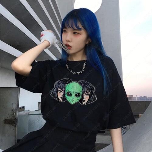 Harajuku personality casual loose Gothic dark T-shirt alien cartoon short-sleeve hip-hop girl printed japan chic female clothing
