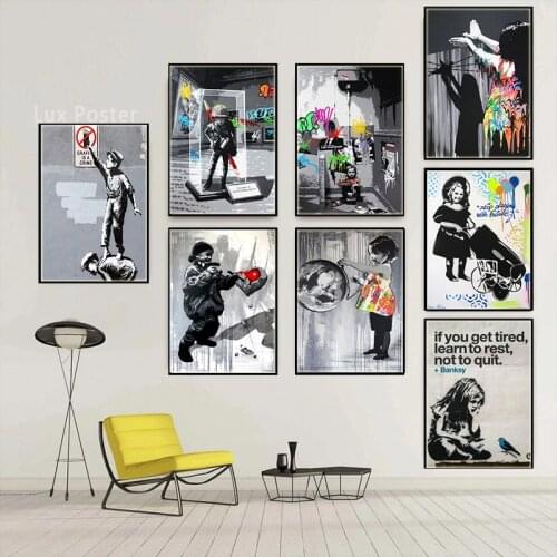 Banksy Graffiti Art Canvas Painting Girl with Boy Play Game Painting Black White Wall Art Picture Nordic Room Home Decor Cuadros