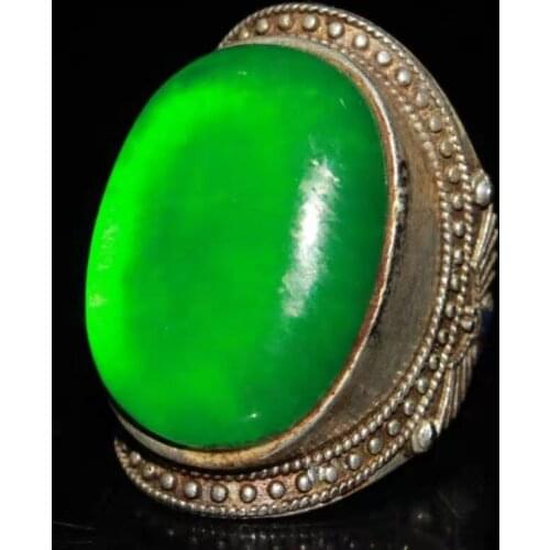 Collection Chinese old Tibetan silver cloisonne inlaid green stone jade ring ornament