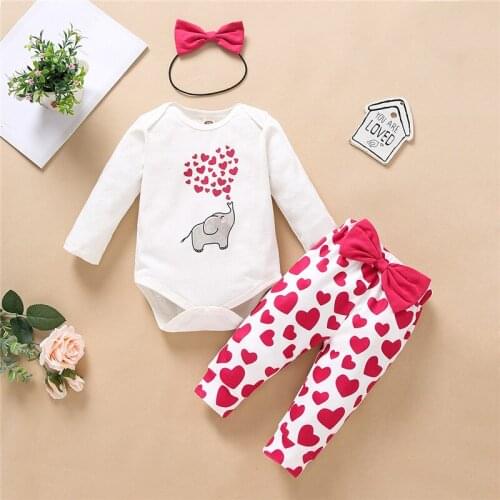 Three Piece Set For Baby Girl Cartoon Elephant Long Sleeve Jumpsuit and Heart Pattern Long Pants with Headband 0-18M