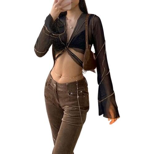 Summer Mesh Sheer Midriff-baring Tops Ladies Solid Color Sexy V-neck Perspective Tie Up Stringy Selvedge Long Sleeve T-shirt