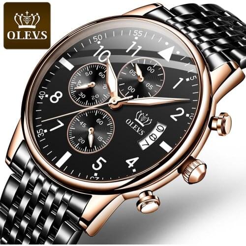 OLEVS Mens Fashion Business Watch Multifunction Luminous Stainless Steel Mens Quartz Watch Chronograph Calendar Mens Clock