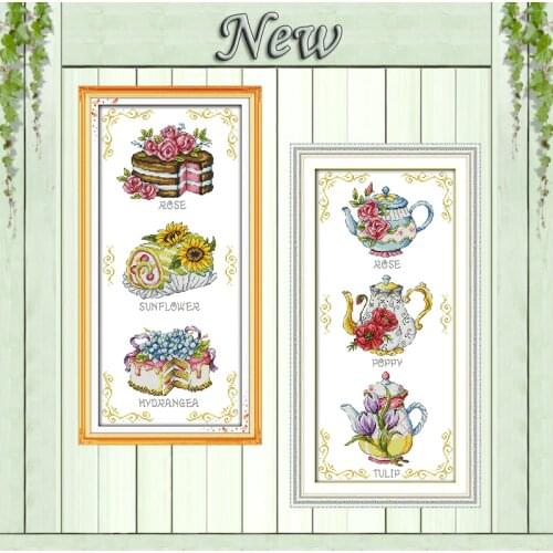 Teapot Dessert cake colorful flowers painting Counted Print on canvas DMC 11CT 14CT Cross Stitch kits Needlework Sets embroidery