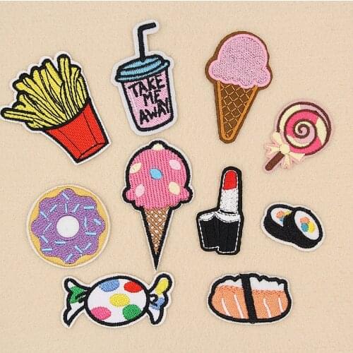 Doughnut Drink Ice Cream Salmon Candy Embroidery Patches for Clothing Iron on Clothes Jeans Appliques Badge Stripe Sew Sticker